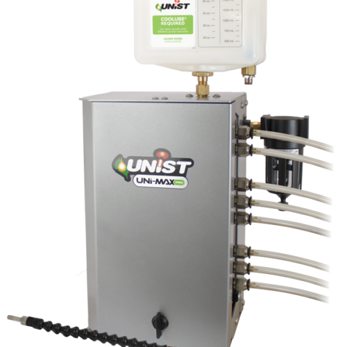 Unist Uni-Max PRO minimum quantity lubrication system with twelve-output enclosure, fluid reservoir, pumps, tubing connections, and flexible spray nozzle